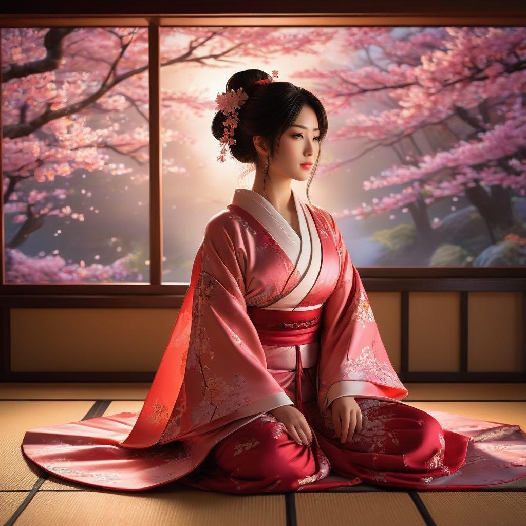 A captivating scene featuring a beautifully illustrated anime character with vibrant colors, situated in an atmospheric setting of a traditional Japanese room filled with delicate cherry blossoms and soft lighting. The character is engaged in an intriguing and seductive pose, surrounded by scrolling manga panels that depict various erotic fantasies, inviting the viewer into a world of artistic allure and fantasy. The background blends elegance with sensuality for an immersive feel. super-realistic. vibrant colors. 3D.