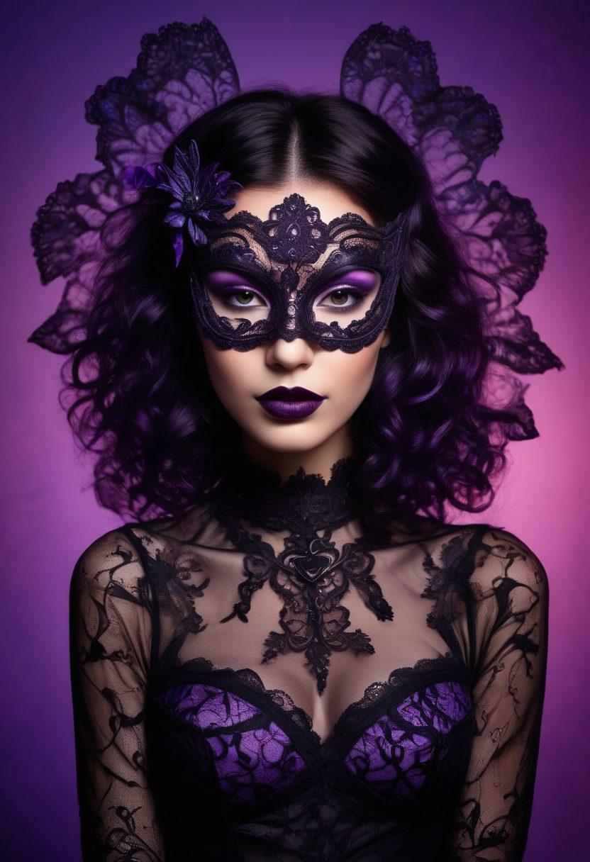 An abstract representation of diverse fetishes and fantasies entwined, featuring various symbols such as lace, masks, and playful silhouettes. The backdrop should have a gradient of deep purples and blacks, evoking a sense of mystery and allure. Incorporate soft glowing elements to emphasize the intimate and exploratory nature of adult entertainment. The overall composition should be both enticing and sophisticated, inviting the viewer to explore without crossing boundaries. vibrant colors. abstract art.